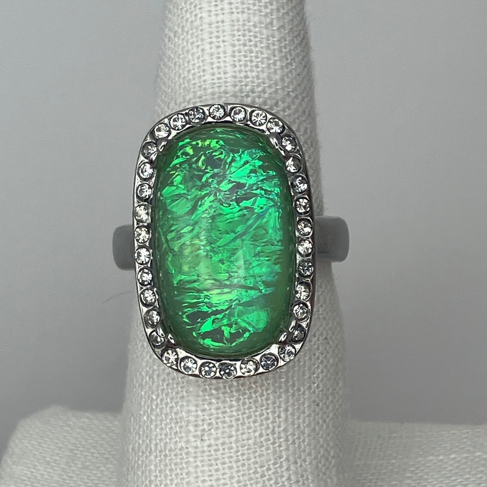 Statement Ring Women 8 Green Faux Opal Rhinestone Silver Tone Oval Cocktail Glam